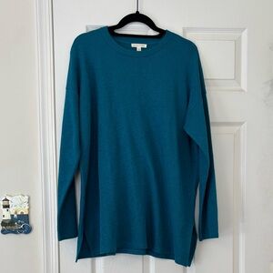 Eileen Fisher 100% Organic Cotton Slubby Rib Teal Crew Neck Top with Side Slits